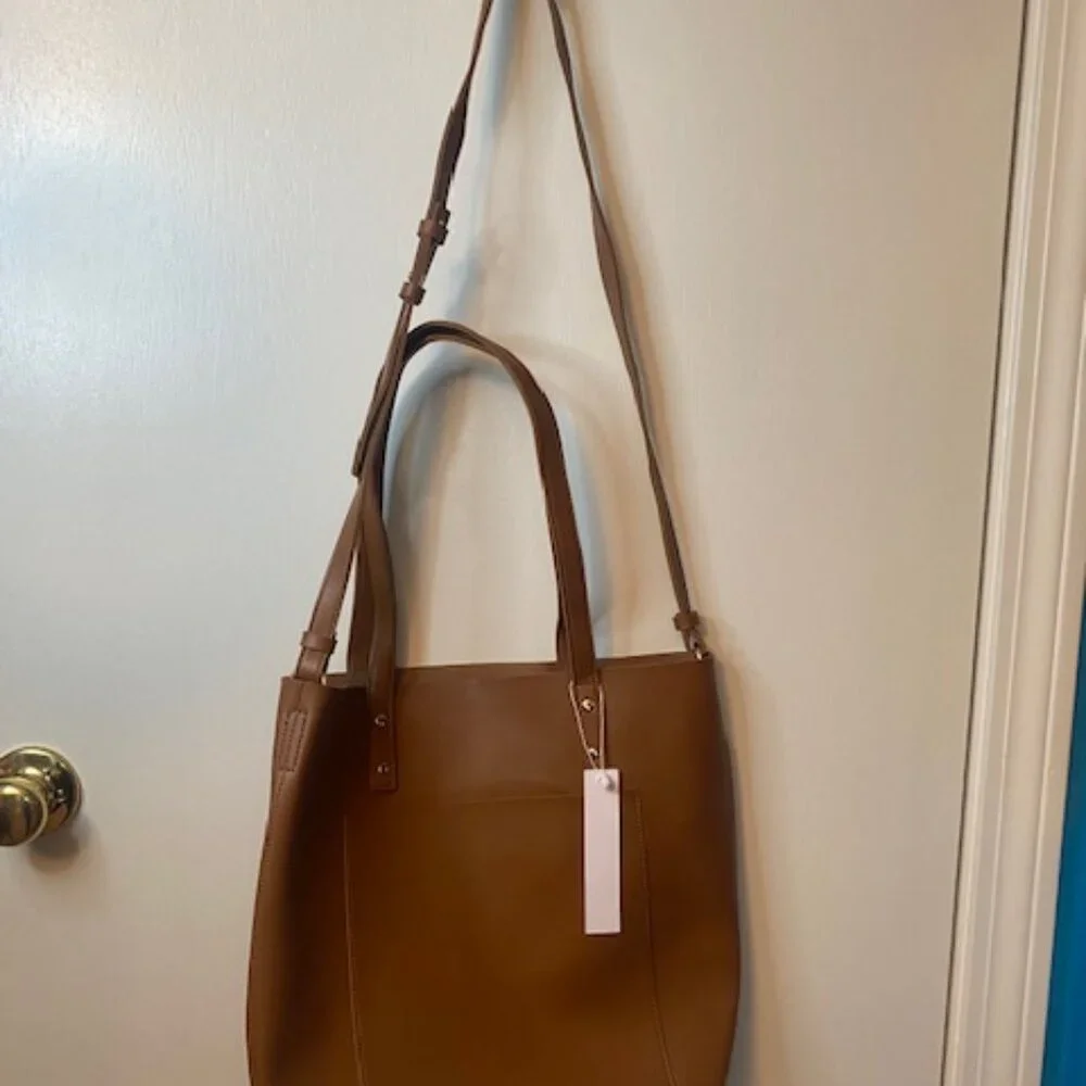 HENNY + LEV Cognac Brown Vegan Leather Everyday Tote Purse Bag Crossbody